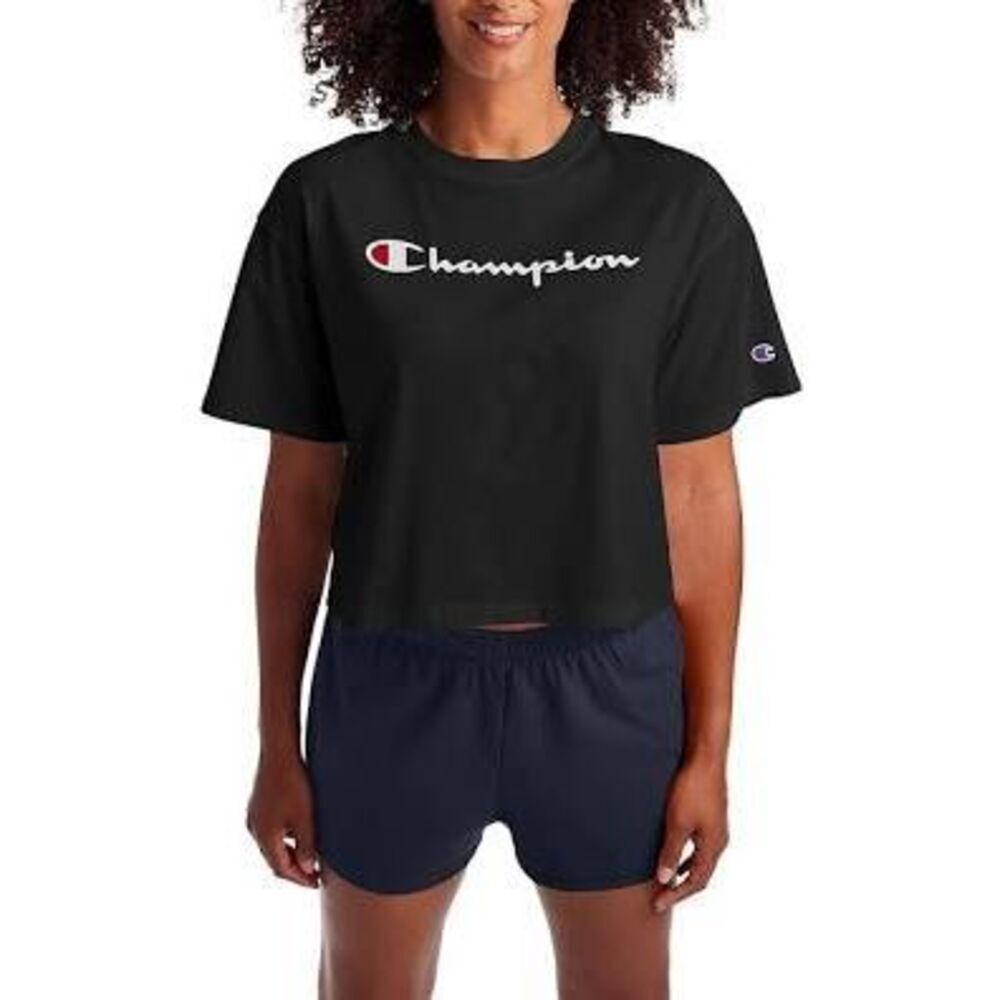 Champion Black Cropped Logo T-Shirt Size Small